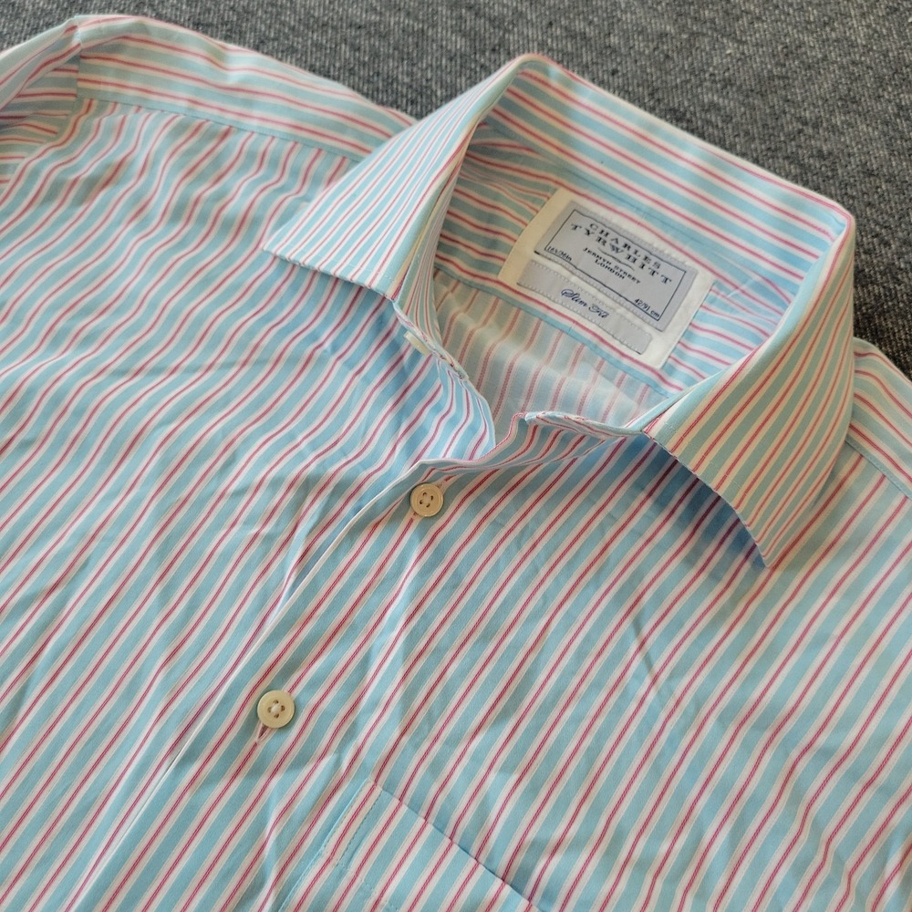 Charles Tyrwhitt Dress Shirt Men's 16.5 36 Slim Fit Blue Red Striped Preppy